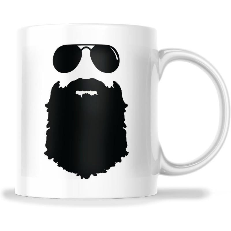 Tailorly White Ceramic 11 oz Mug - Minimalist Black Aviator Sunglasses Floating Over A Dense Bushy Masculine Beard