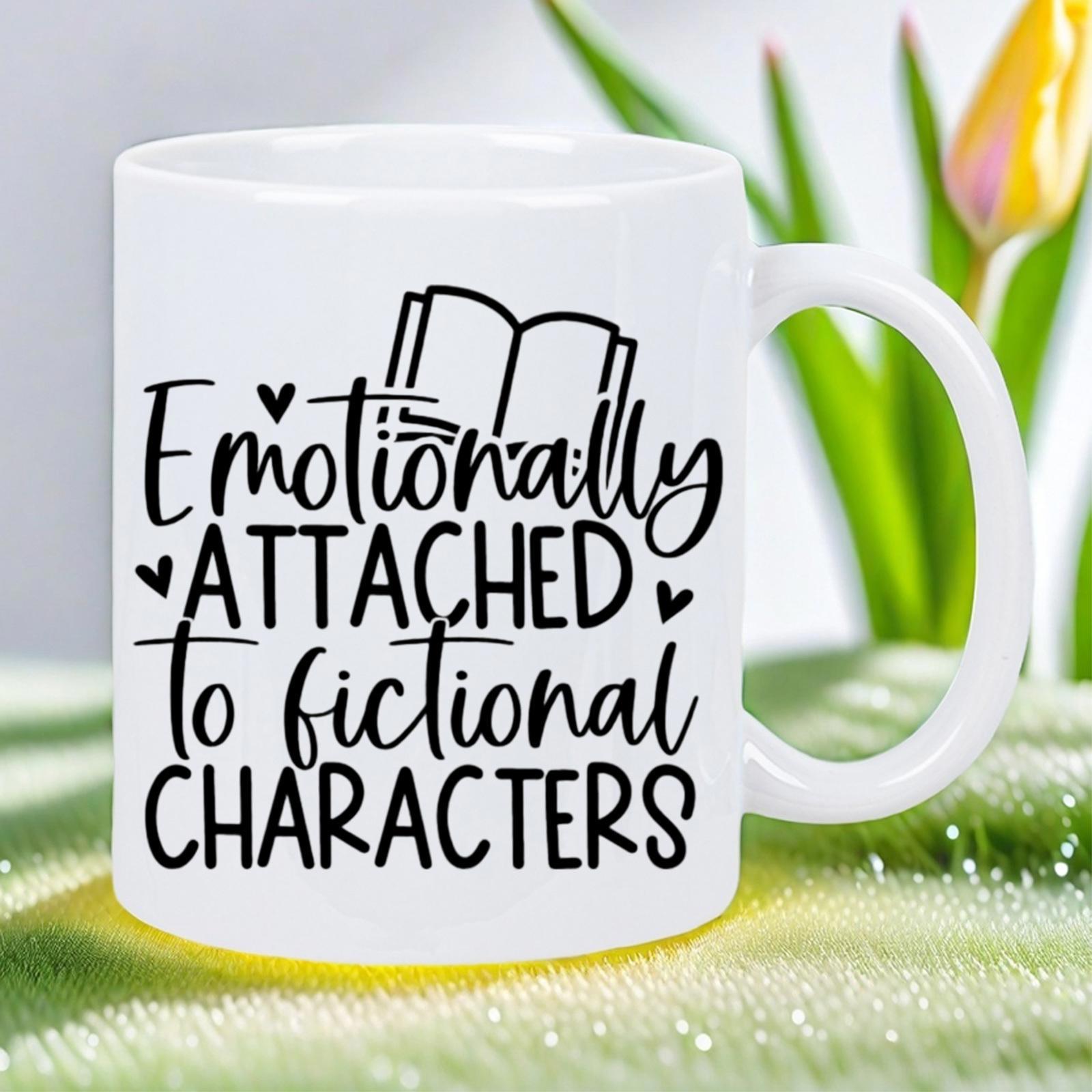 Tailorly White Ceramic 11 oz Mug - Emotionally Attached To Fictional Characters Simple Line Art Of An Open Book Surrounded By Floating Tiny Hearts Book