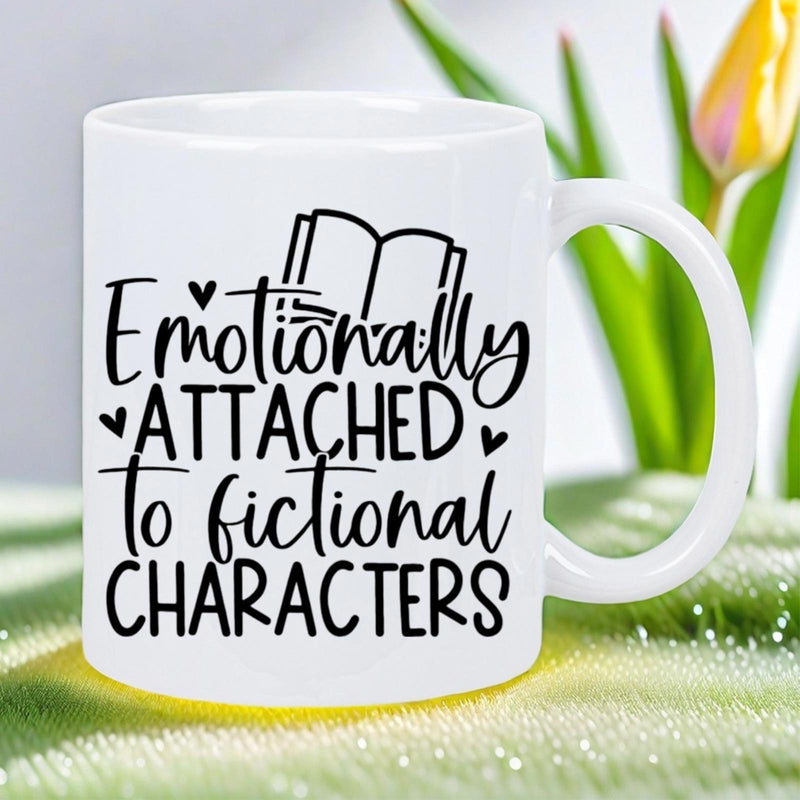 Tailorly White Ceramic 11 oz Mug - Emotionally Attached To Fictional Characters Simple Line Art Of An Open Book Surrounded By Floating Tiny Hearts Book