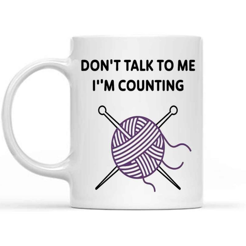 Tailorly White Ceramic 11 oz Mug - Dont Talk To Me Im Counting Purple Yarn Ball With Two Crossed Knitting Needles For Craft Lovers Yarn