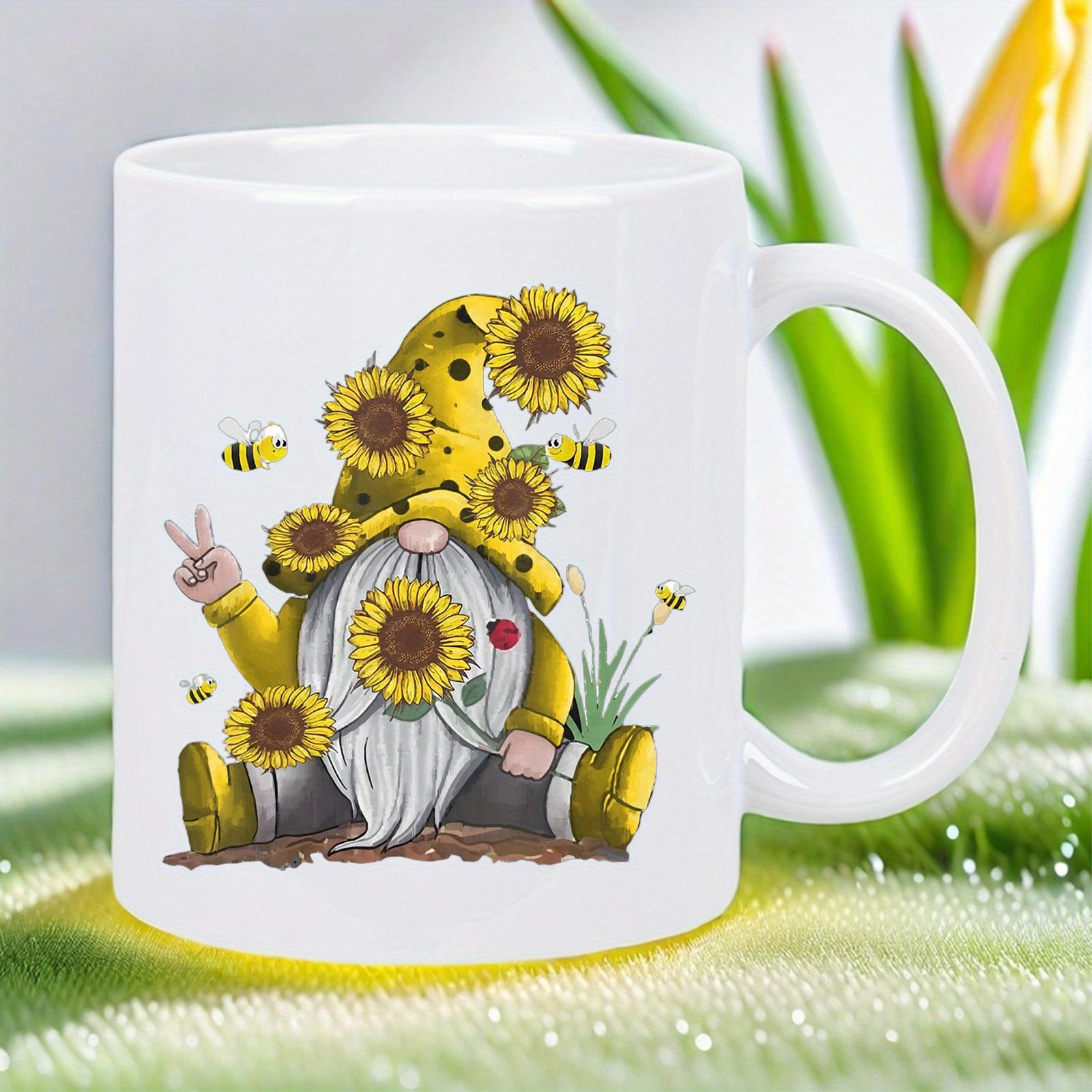 Tailorly White Ceramic 11 oz Mug - Whimsical Garden Gnome Decorated With Sunflowers And Bees Holding Peace Sign Gnome