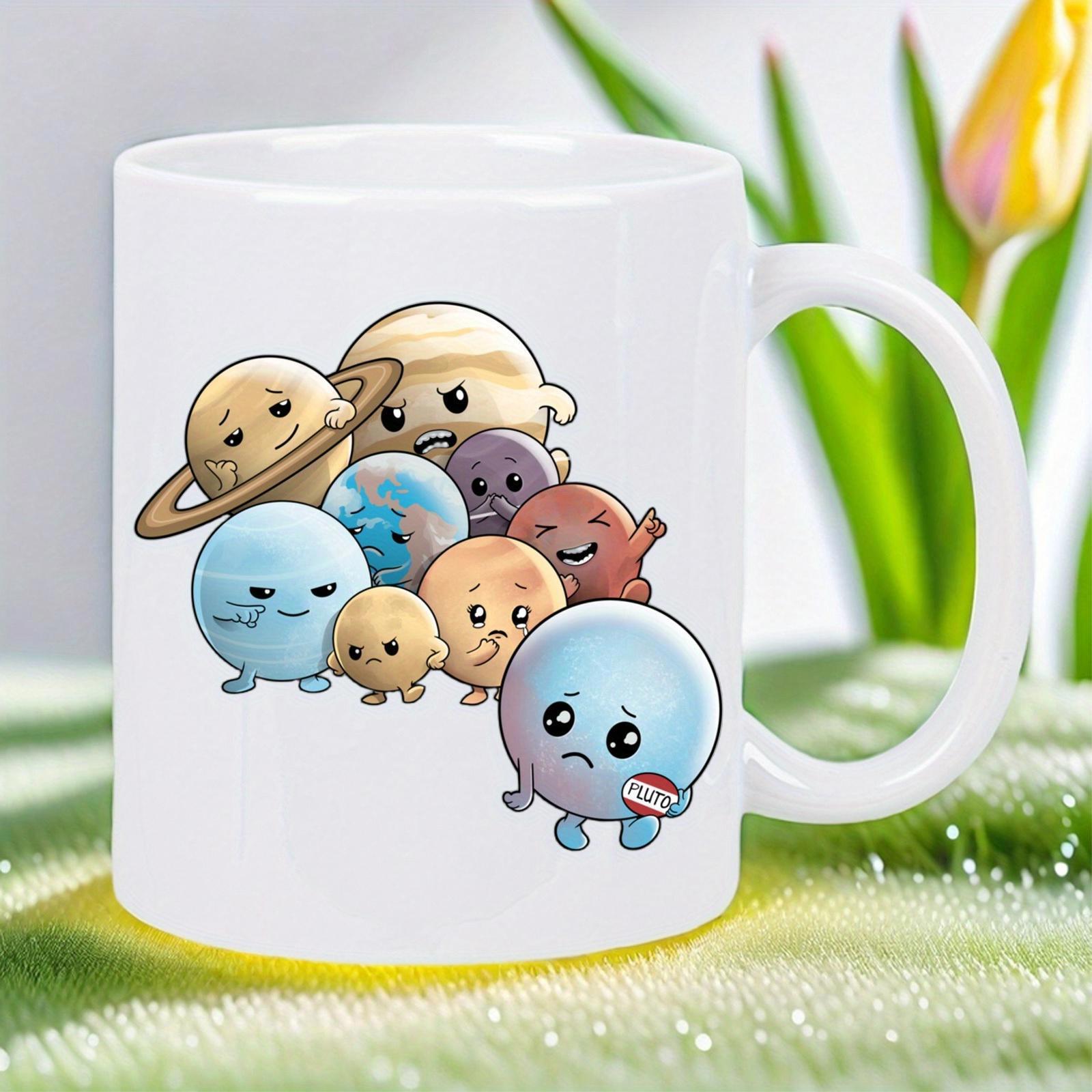 Tailorly White Ceramic 11 oz Mug - Cute Cartoon Solar System Characters Representing Different Celestial Bodies Planets