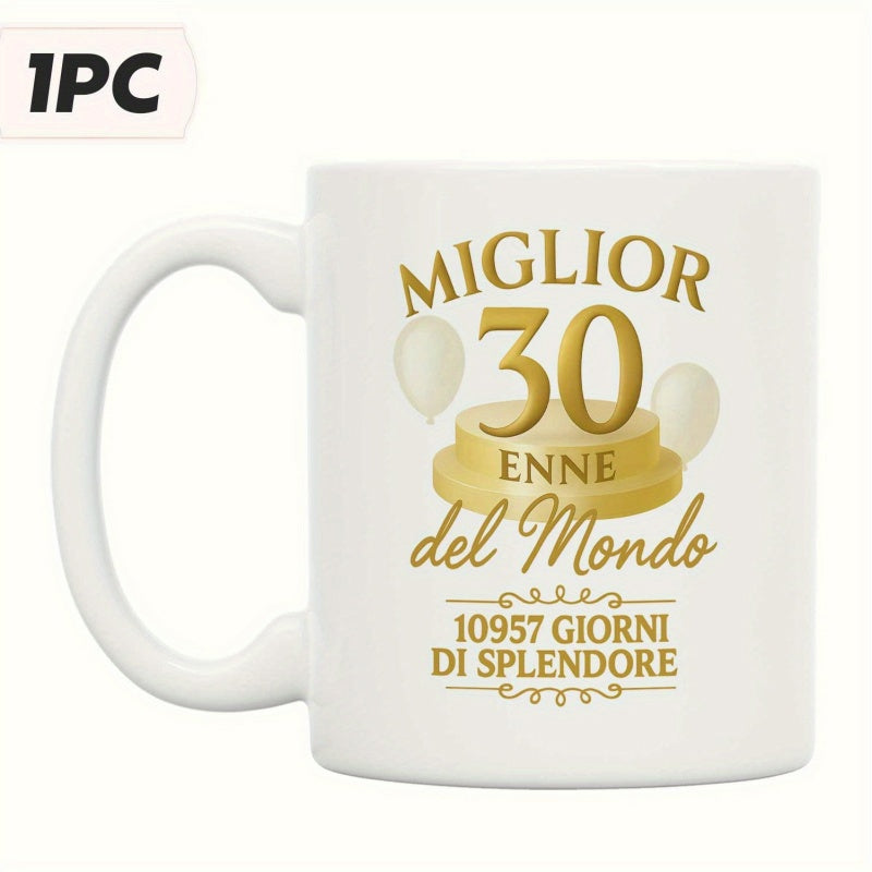 Tailorly White Ceramic 11 oz Mug - Golden Anniversary Celebration Number Thirty Standing Upon Elegant Tiered Festive Circular Podium