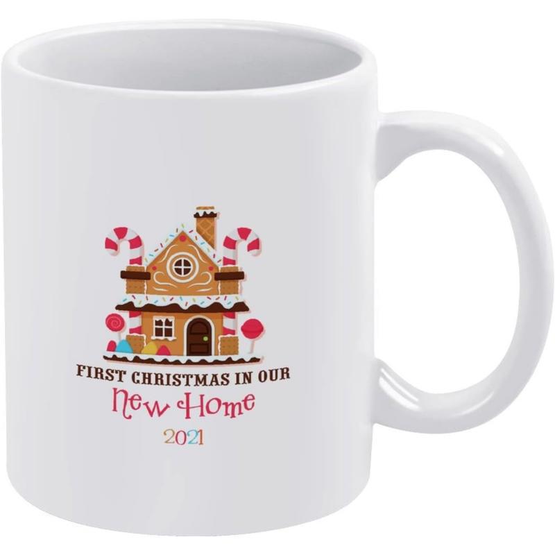 Tailorly White Ceramic 11 oz Mug - First Christmas In Our New Home 2021 Festive Sweet Candy Canes And Sugary Treats Decorative Gingerbread House
