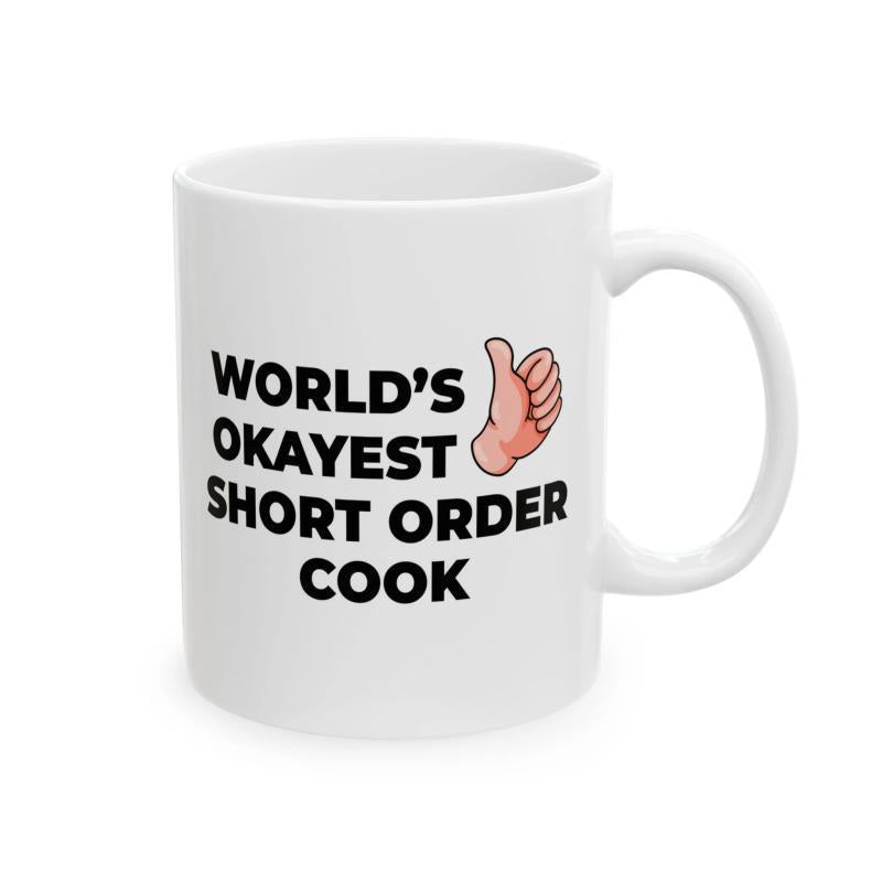 Tailorly White Ceramic 11 oz Mug - World's Okayest Short Order Cook Simple Cartoon Thumbs Up Gesture With Bold Black Outlines Hand