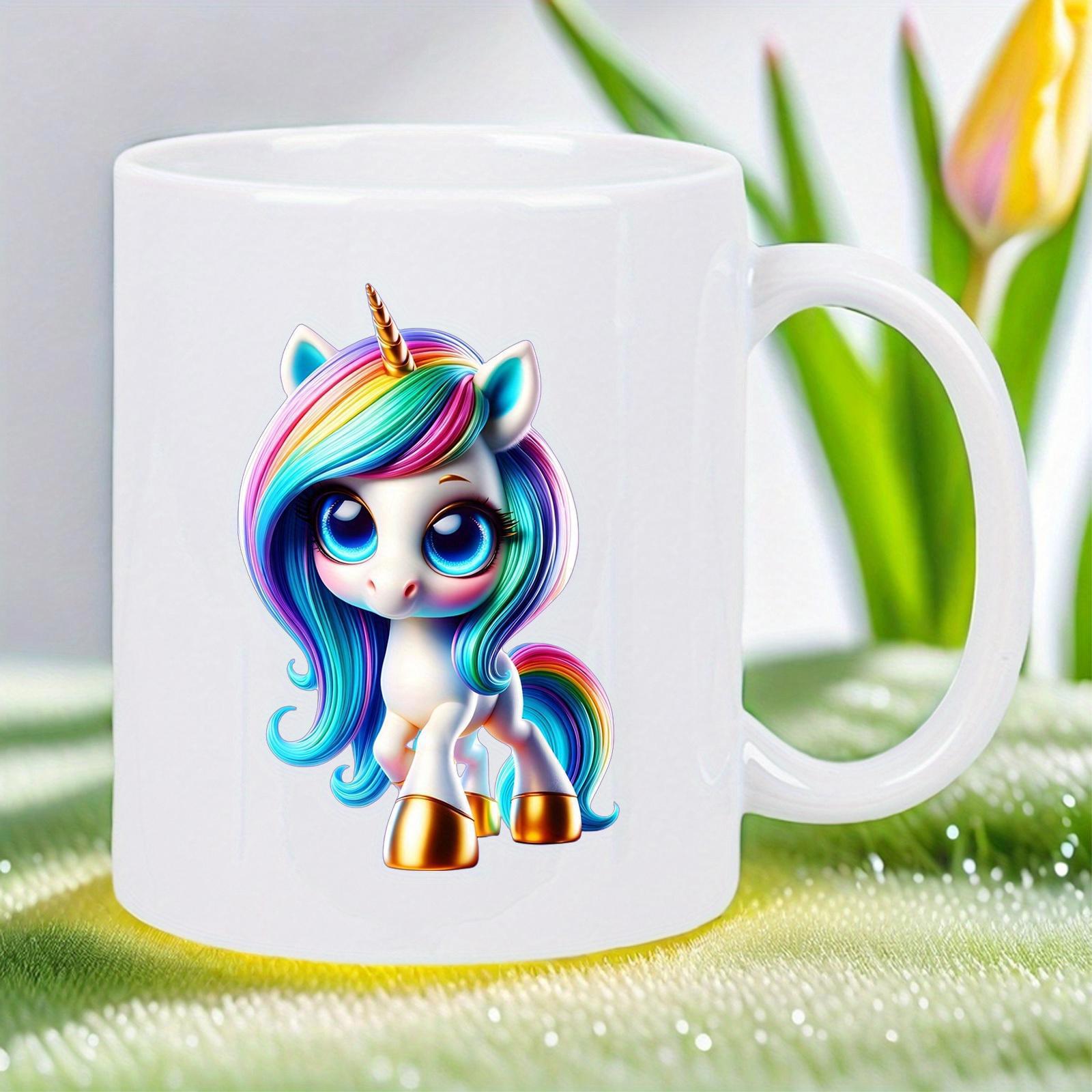 Tailorly White Ceramic 11 oz Mug - Adorable Little Creature With Rainbow Mane And Shining Golden Hooves Unicorn
