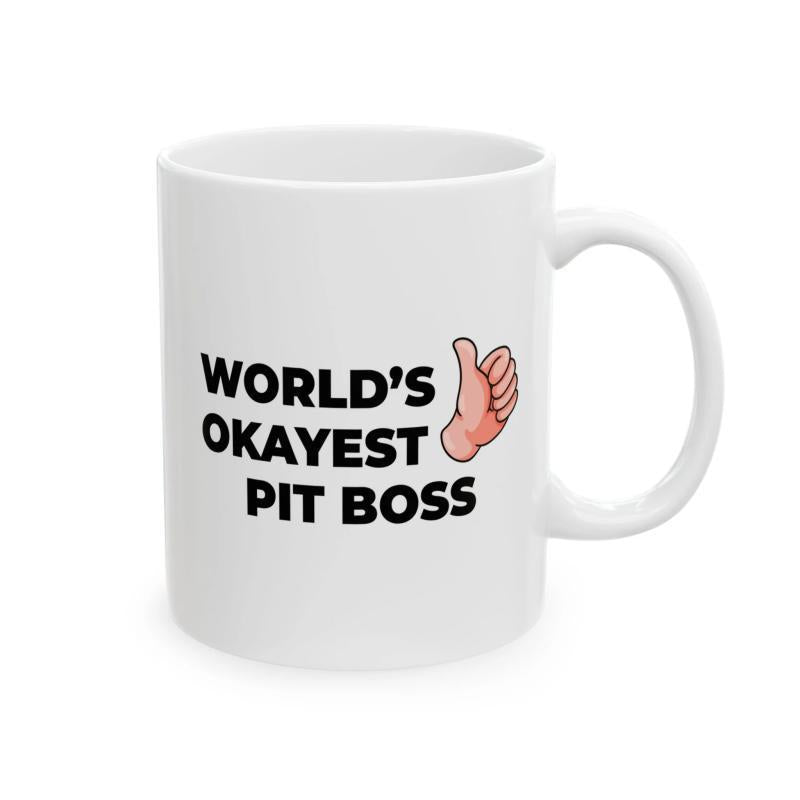 Tailorly White Ceramic 11 oz Mug - Worlds Okayest Pit Boss Minimalist Cartoon Illustration Of A Human Hand Giving A Thumbs Up Hand
