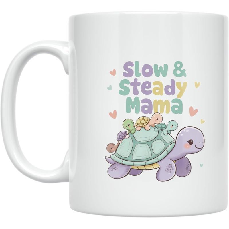 Tailorly White Ceramic 11 oz Mug - Slow Steady Mama Pastel Colored Mother Carrying Baby Hatchlings Among Little Floating Hearts Turtle