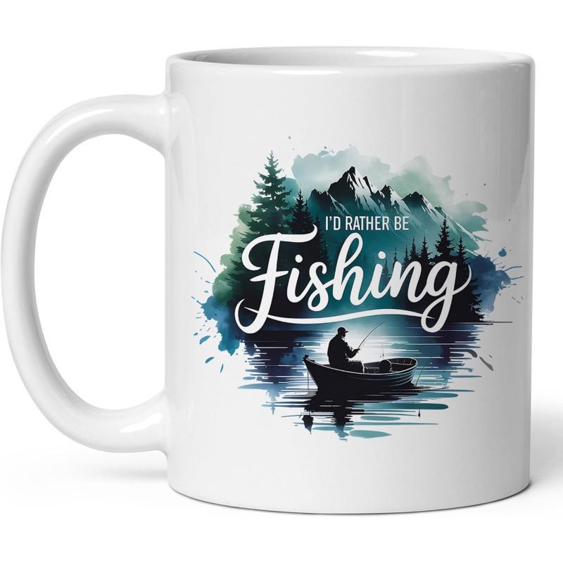 Tailorly White Ceramic 11 oz Mug - Id Rather Be Fishing Serene Mountain Landscape With Tall Pine Trees And A Quiet Rowing Boat Fisherman