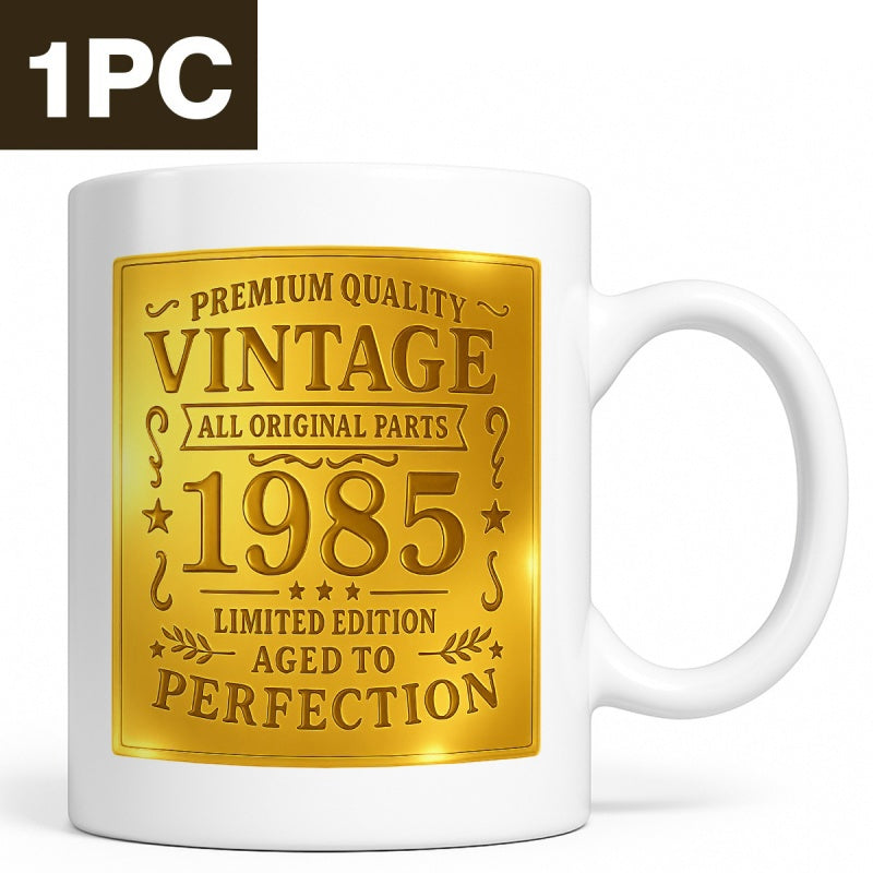 Tailorly White Ceramic 11 oz Mug - Premium Quality Vintage All Original Parts 1985 Limited Edition Aged To Perfection Shimmering Gold Metallic Label With