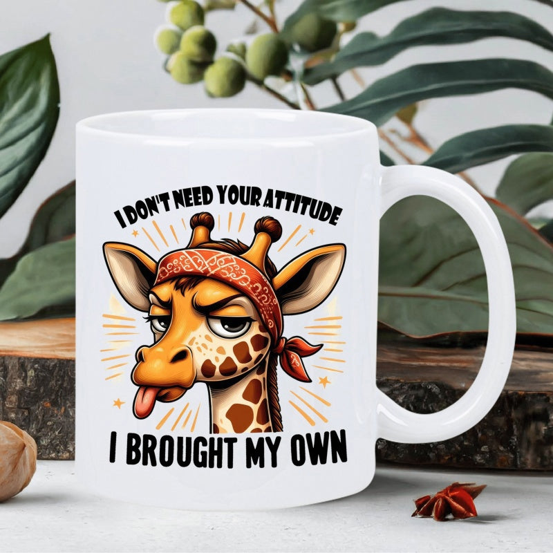 Tailorly White Ceramic 11 oz Mug - I Don't Need Your Attitude I Brought My Own Grumpy Cartoon Character Wearing Red Bandana With Sassy Tongue Out Giraffe