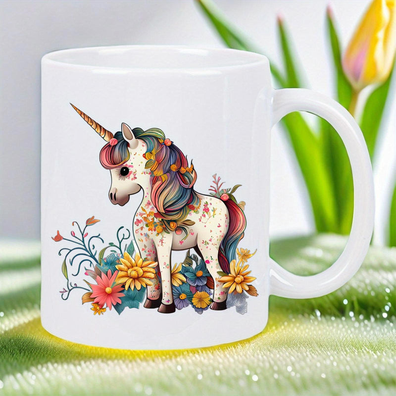 Tailorly White Ceramic 11 oz Mug - Magical Creature With Rainbow Mane Standing Among Colorful Vibrant Spring Flowers Unicorn