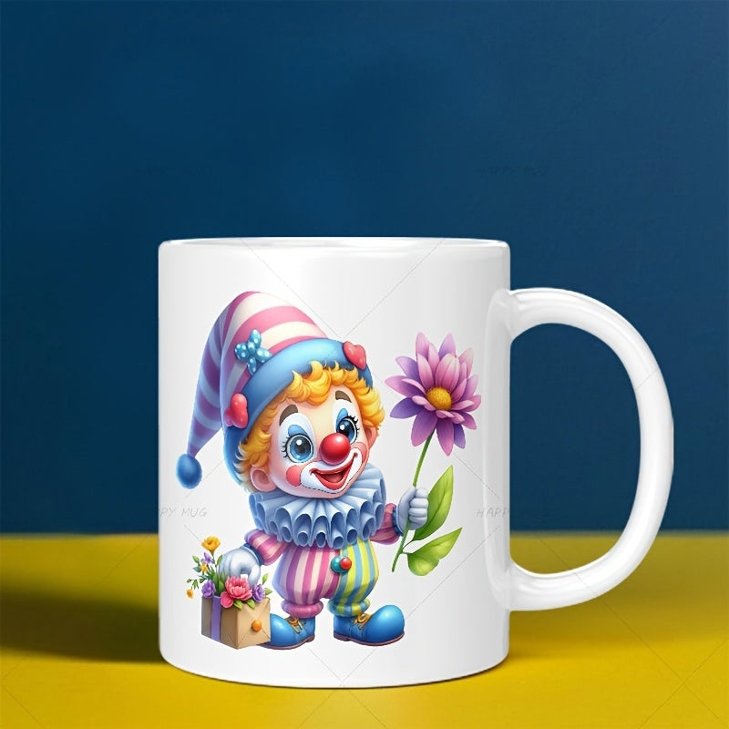 Tailorly White Ceramic 11 oz Mug - Cheerful Little Clown Wearing Striped Hat Holding A Large Purple Flower Clown