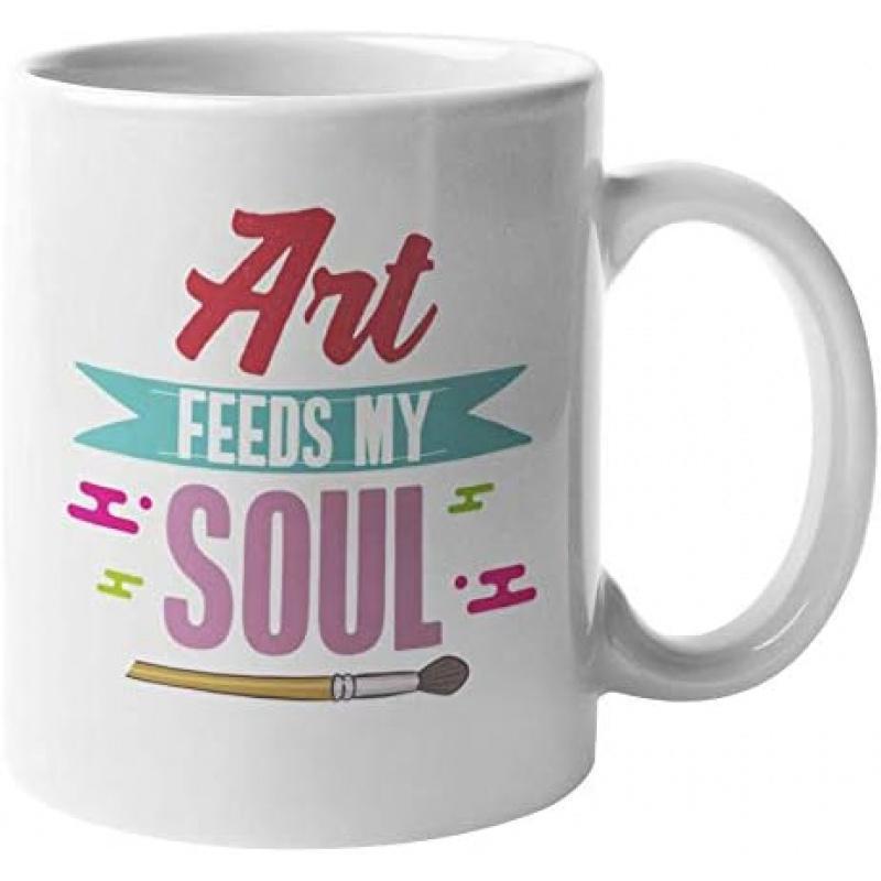 Tailorly White Ceramic 11 oz Mug - Art Feeds My Soul Colorful Artistic Ribbon With Decorative Elements And A Small Paintbrush