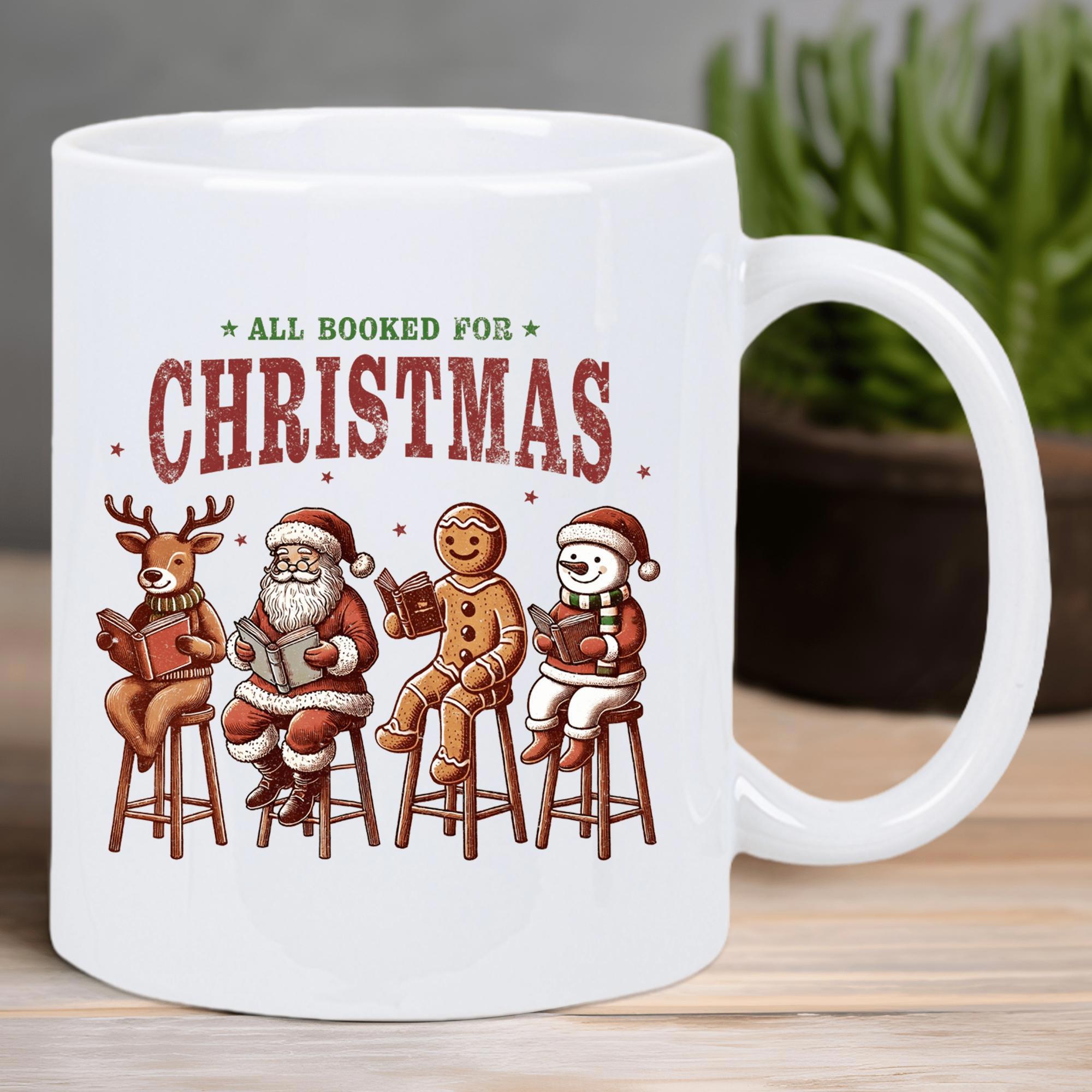 Tailorly White Ceramic 11 oz Mug - All Hooked For Christmas Festive Characters Sitting On High Stools While Reading Books Peacefully Mug