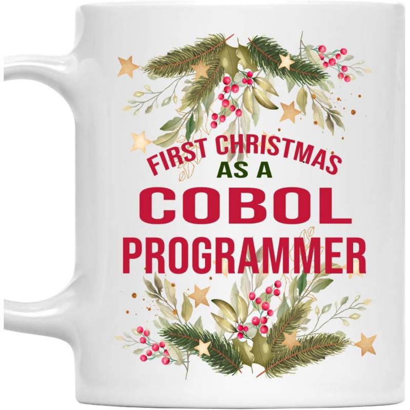 Tailorly White Ceramic 11 oz Mug - First Christmas As A COBOL Programmer Festive Evergreen Branches Decorated With Berries And Golden Stars Among Pine