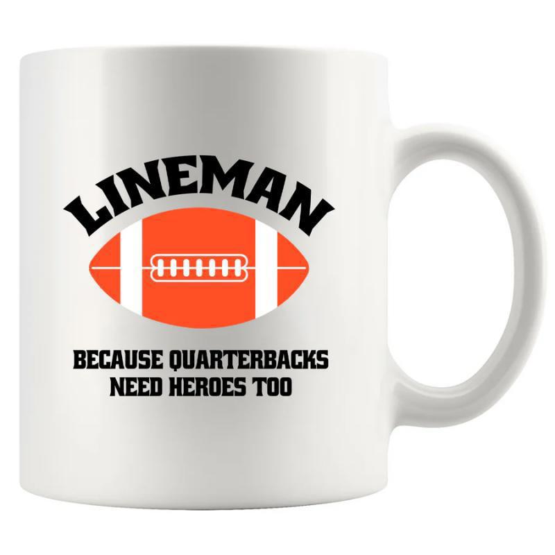 Tailorly White Ceramic 11 oz Mug - Lineman Because Quarterbacks Need Heroes Too Classic Orange American Football Icon With White Stripes And Decorative Lacing