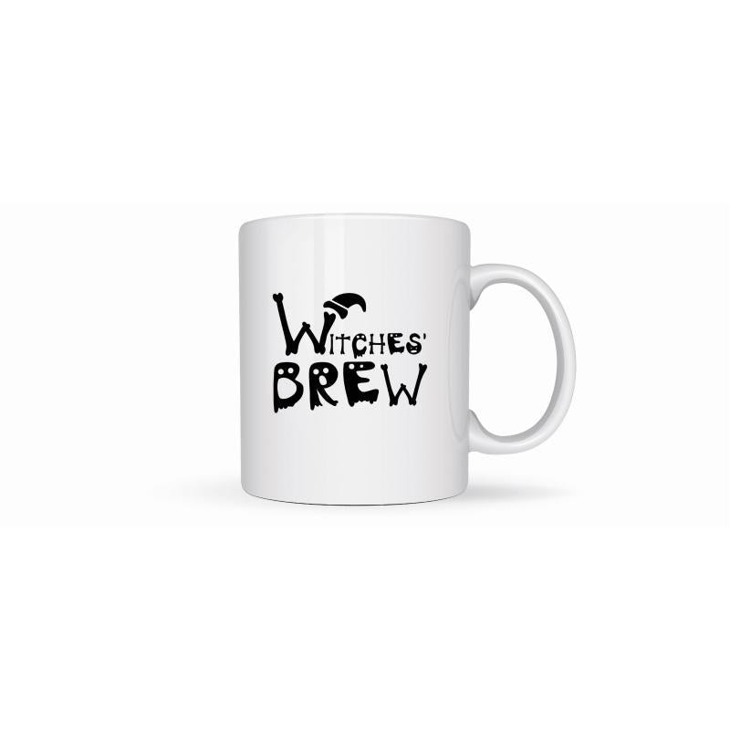 Tailorly White Ceramic 11 oz Mug - Witches Brew Spooky Black Lettering Featuring A Tiny Witch Hat On Top Sign