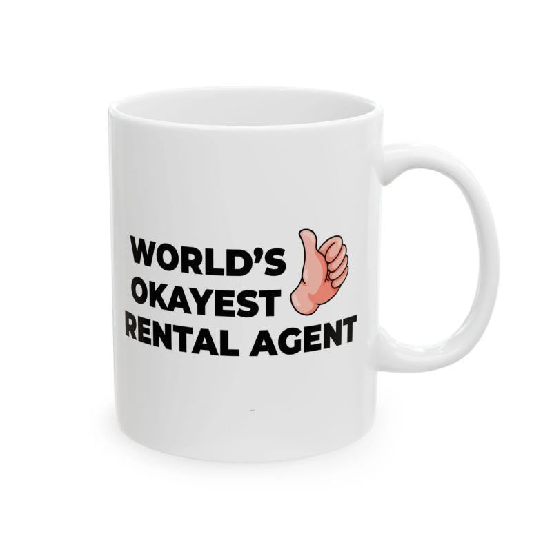 Tailorly White Ceramic 11 oz Mug - Worlds Okayest Rental Agent Classic Human Hand Giving Thumbs Up Gesture With Simple Black Outlines Hand