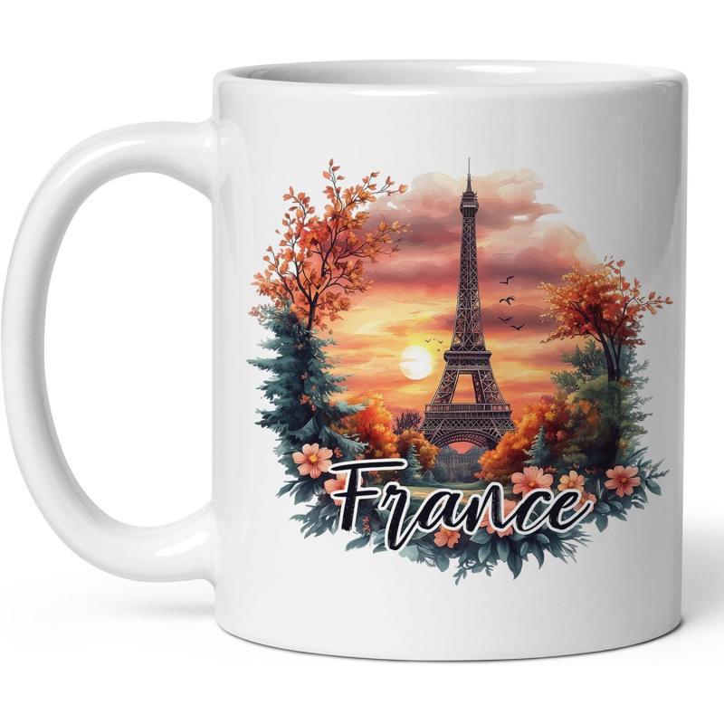 Tailorly White Ceramic 11 oz Mug - France Glowing Sun Behind Iconic Iron Structure Surrounded By Vibrant Autumnal Foliage Tower