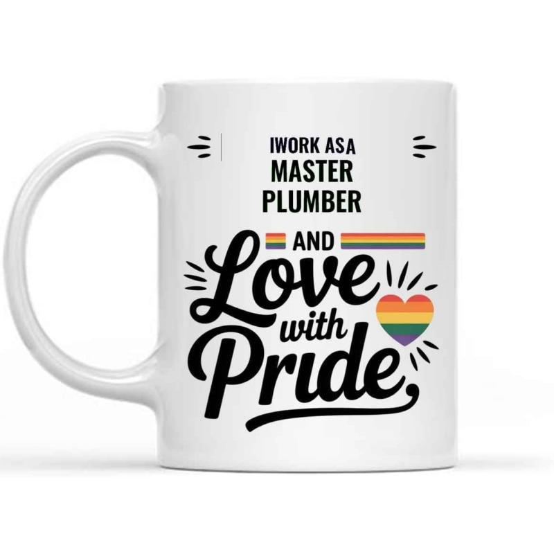 Tailorly White Ceramic 11 oz Mug - I Work As A Master Plumber And Love With Pride Rainbow Heart With Stripes Surrounding Bold Typography On White Surface Mug