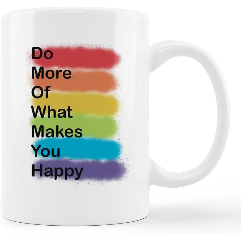 Tailorly White Ceramic 11 oz Mug - Do More Of What Makes You Happy Vibrant Horizontal Brushstrokes With Textured Paint Effect And Colorful Layering Rainbow