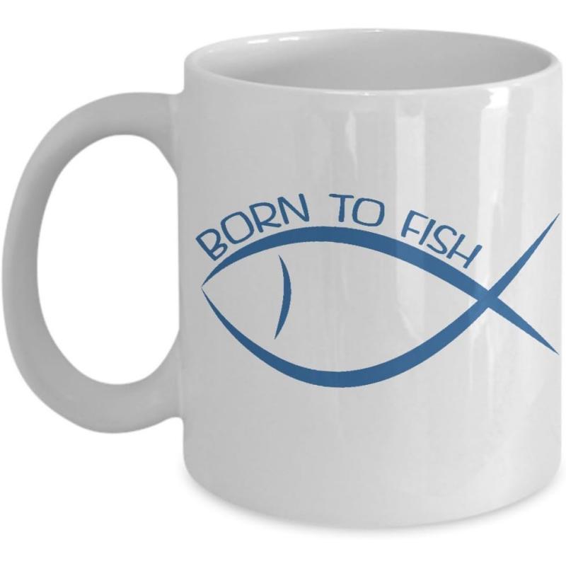 Tailorly White Ceramic 11 oz Mug - Born To Fish Minimalist Blue Outline Of A Swimming Aquatic Creature Silhouette Fish