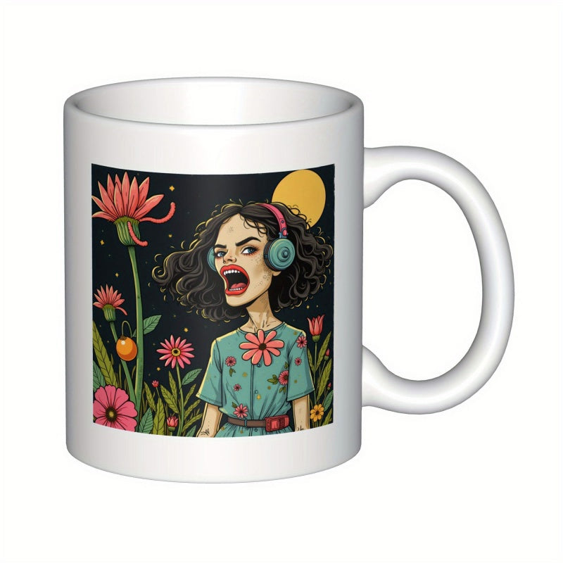 Tailorly White Ceramic 11 oz Mug - Artistic Woman Wearing Headphones Among Vibrant Garden Flowers Under Golden Sun Girl