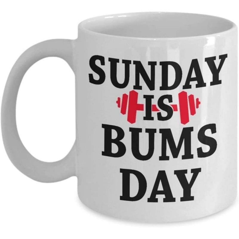 Tailorly White Ceramic 11 oz Mug - Sunday Is Bums Day Heavy Red Metal Barbell Icon With Bold Sporty Black Text Barbell