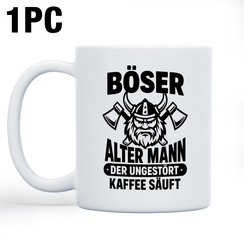 Tailorly White Ceramic 11 oz Mug - Fierce Bearded Warrior Wearing Horned Helmet Between Two Crossed Hatchets Viking