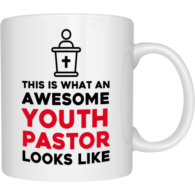 Tailorly White Ceramic 11 oz Mug - This Is What An Awesome Youth Pastor Looks Like Minimalist Black Line Art Figure Standing At A Podium With Cross Mug