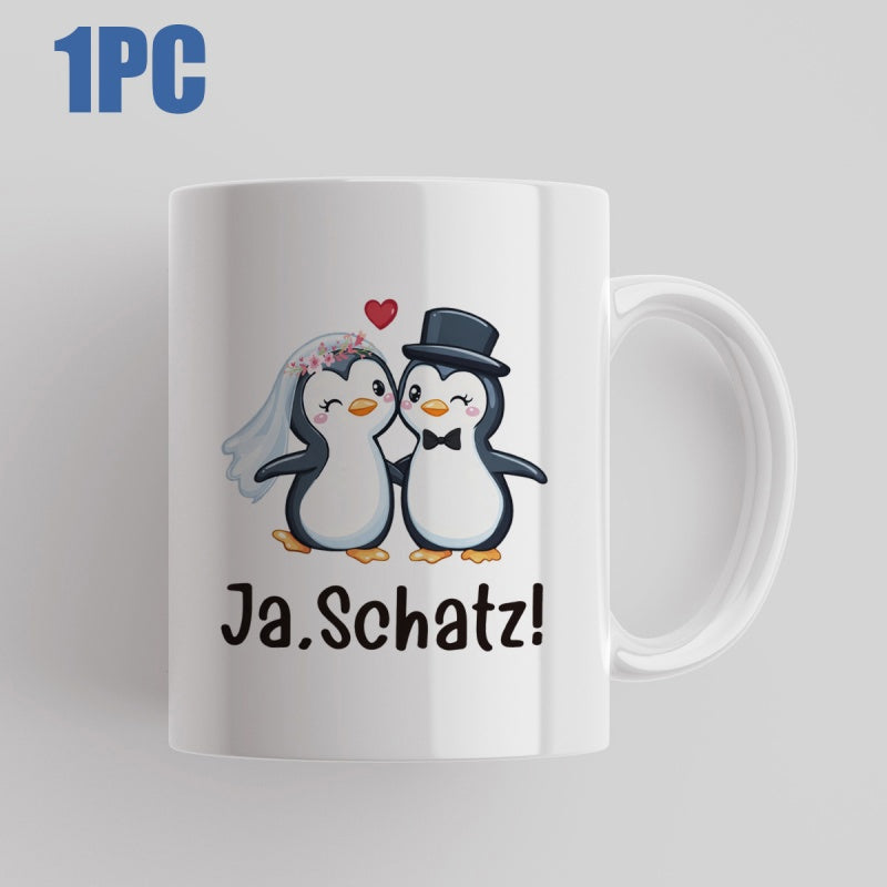 Tailorly White Ceramic 11 oz Mug - Adorable Couple Dressed In Wedding Attire With Small Red Heart Penguin