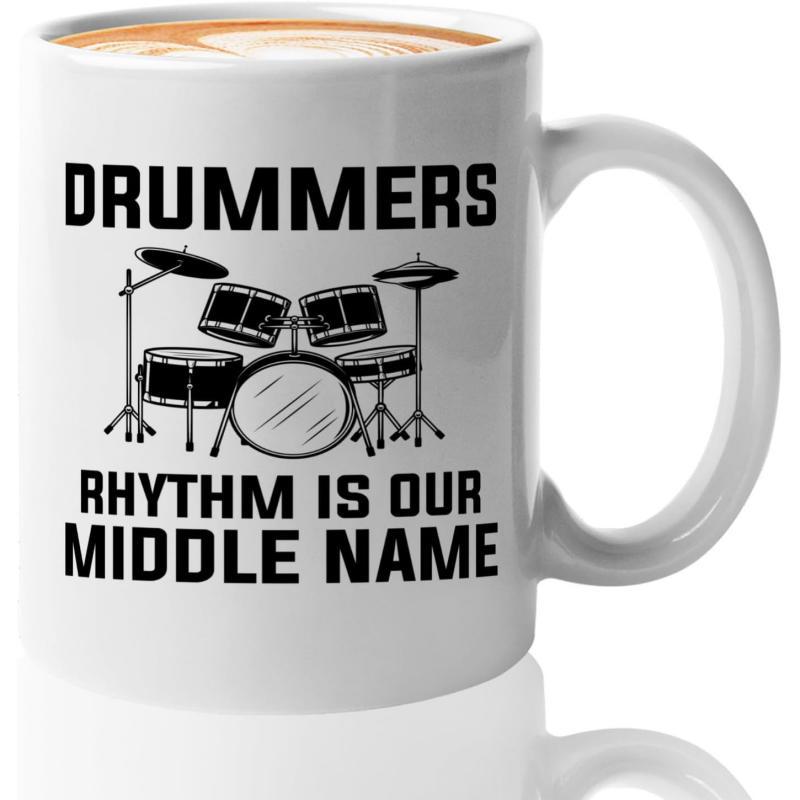 Tailorly White Ceramic 11 oz Mug - Drummers Rhythm Is Our Middle Name Simple Black Silhouette Illustration Of A Detailed Musical Instrument Drum Set