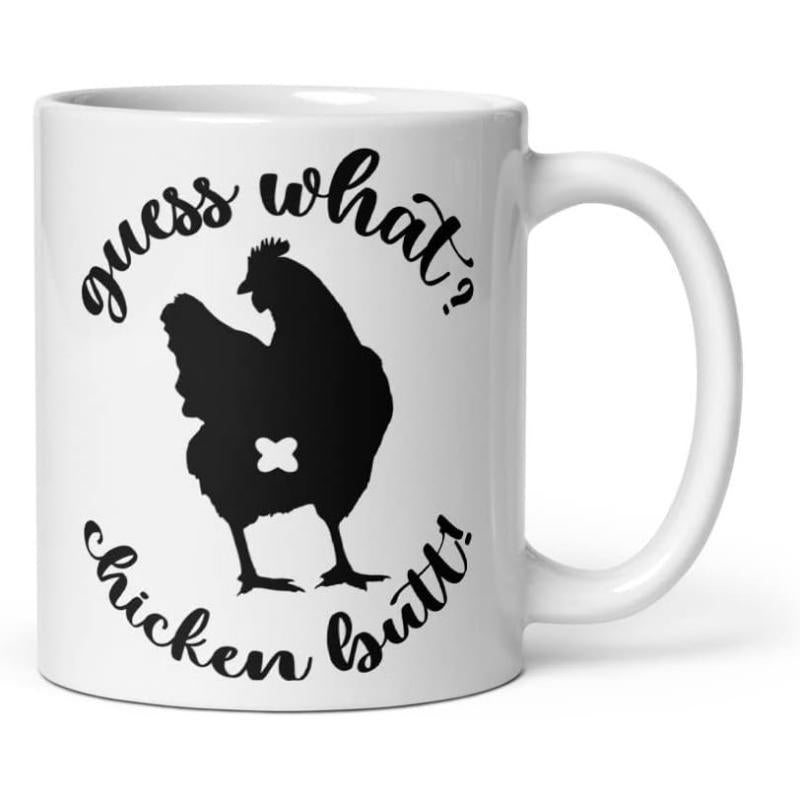 Tailorly White Ceramic 11 oz Mug - Guess What Chicken Butt Minimalist Black Silhouette Of A Farm Animal In Playful Stance Chicken