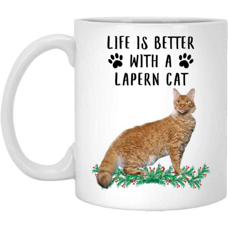 Tailorly White Ceramic 11 oz Mug - Life Is Better With A Lapern Cat Fluffy Orange Feline Standing Gracefully Among Decorative Green Pine Branches Cat