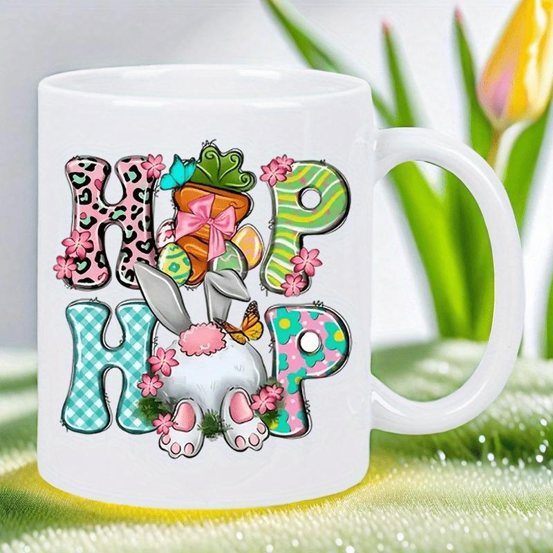 Tailorly White Ceramic 11 oz Mug - Hop Hop Colorful Festive Patterns Featuring Easter Eggs And Flowers Bunny