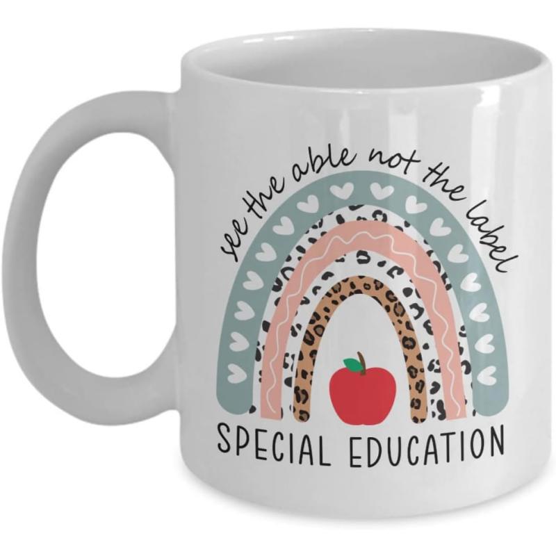 Tailorly White Ceramic 11 oz Mug - See The Able Not The Label Special Education Stylized Multi Layered Leopard Print Arch Featuring A Small Red Apple Rainbow
