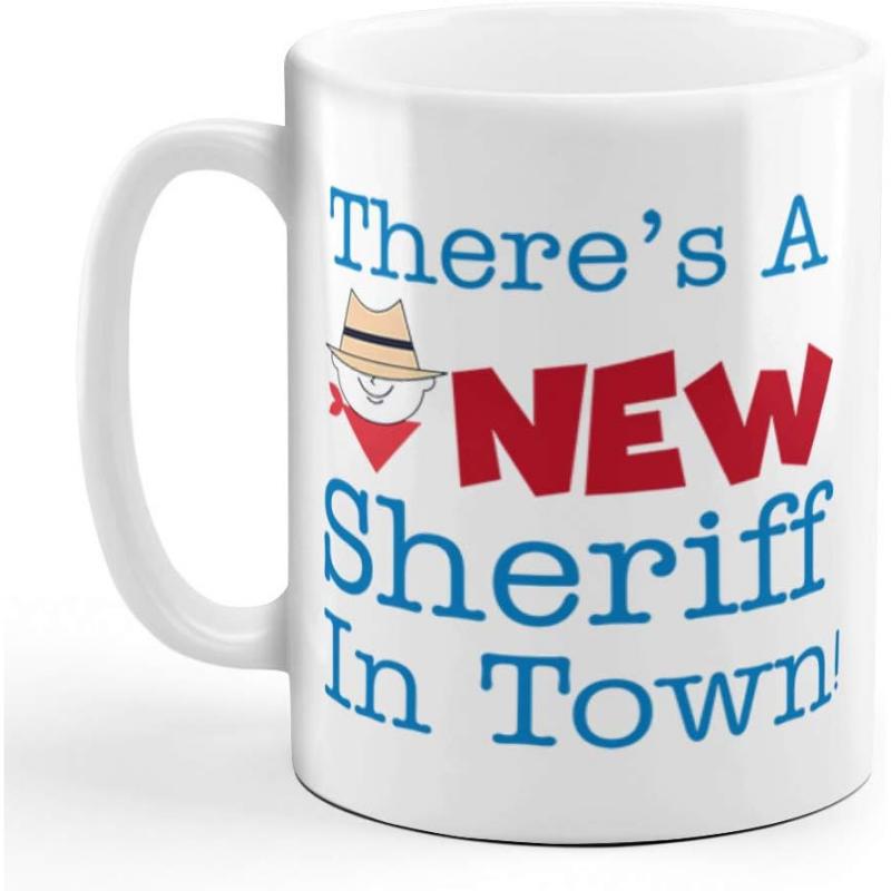 Tailorly White Ceramic 11 oz Mug - There's A NEW Sheriff In Town Classic Minimalist Cartoon Figure Wearing A Red Bandana Cowboy