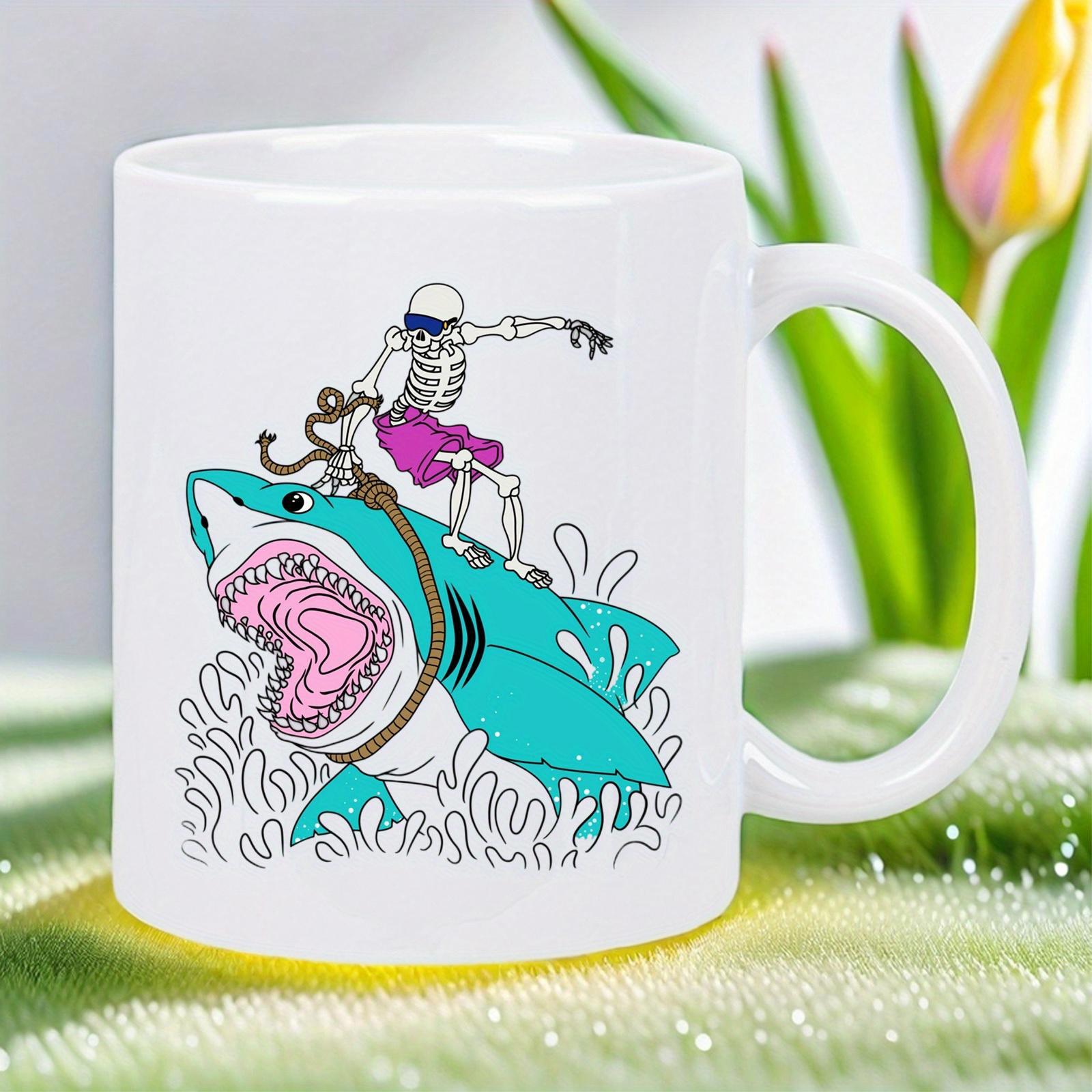Tailorly White Ceramic 11 oz Mug - Cool Skeleton With Sunglasses Riding A Massive Turquoise Oceanic Predator Shark