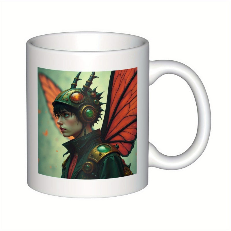 Tailorly White Ceramic 11 oz Mug - Mechanical Steampunk Girl Wearing Vibrant Orange Radiant Monarch Wings Character