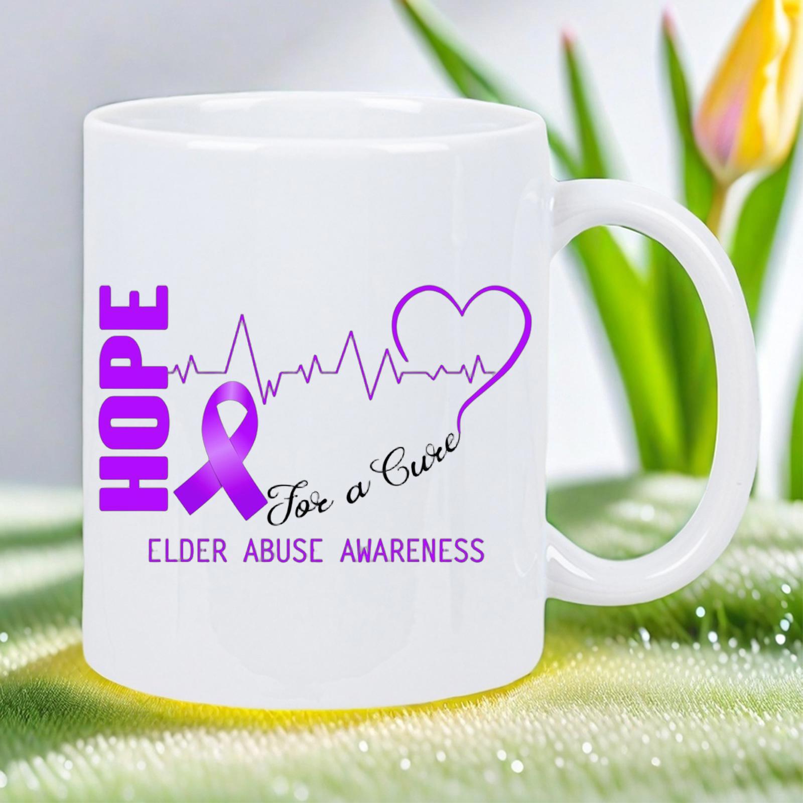 Tailorly White Ceramic 11 oz Mug - Hope For A Cure Elder Abuse Awareness Elegant Purple Ribbon With Heartbeat Line Flowing Into Heart Symbol Ribbon