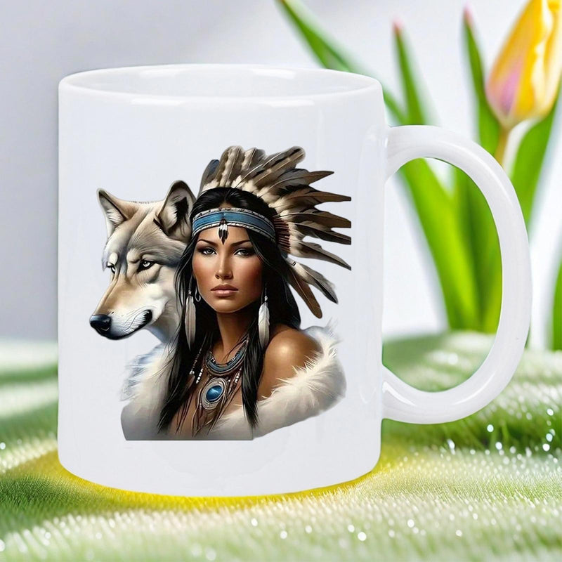 Tailorly White Ceramic 11 oz Mug - Graceful Warrior Spirit With Majestic Wild Wolf Wearing Traditional Feathered Headdress Woman
