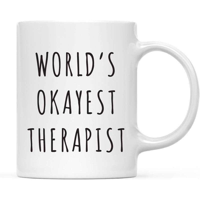 Tailorly White Ceramic 11 oz Mug - Worlds Okayest Therapist Simple Minimalist Design With Hand Lettered Text On Ceramic