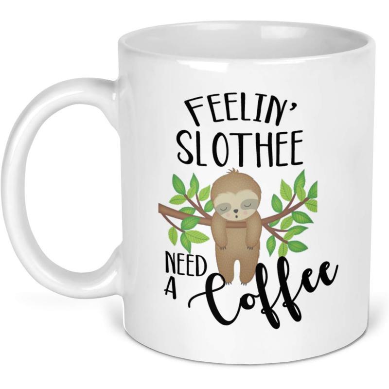 Tailorly White Ceramic 11 oz Mug - Feelin Slothee Need A Coffee Sleeping Brown Sloth Hanging On A Tree Branch With Green Leaves Sloth