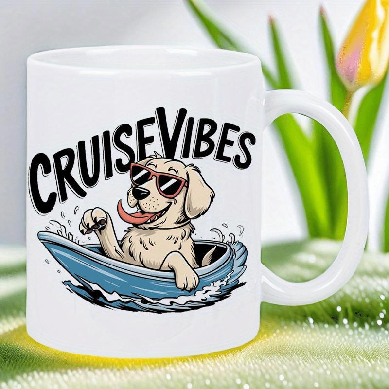 Tailorly White Ceramic 11 oz Mug - Cruise Vibes Happy Golden Retriever Wearing Sunglasses Riding A Small Blue Boat Dog