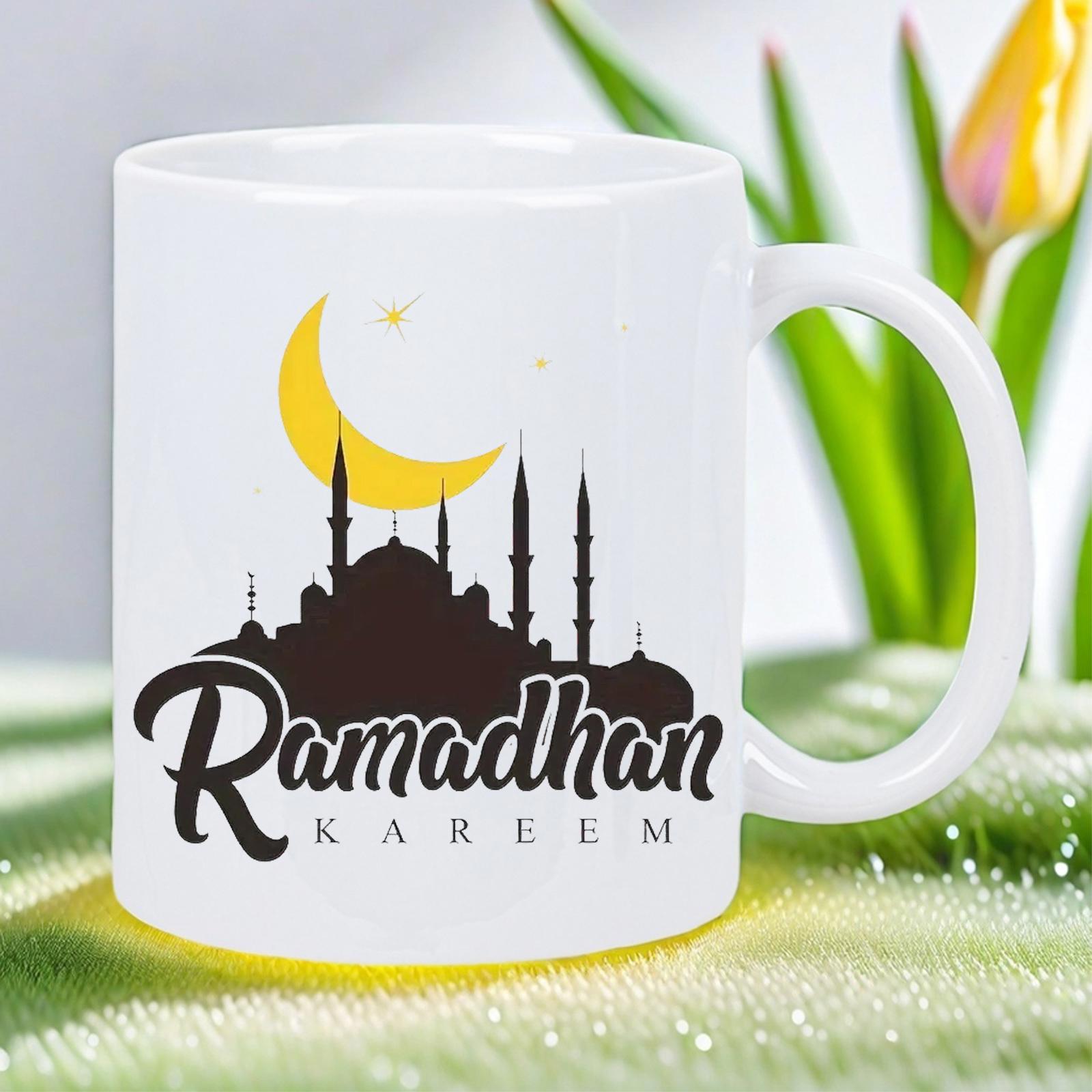 Tailorly White Ceramic 11 oz Mug - Ramadhan Kareem Silhouette Of An Ancient Mosque Under A Yellow Crescent Moon Mosque