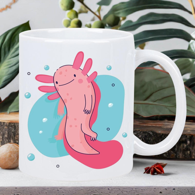 Tailorly White Ceramic 11 oz Mug - Cute Smiling Pink Creature Floating Amidst Blue Bubbles And Soft Shapes Axolotl