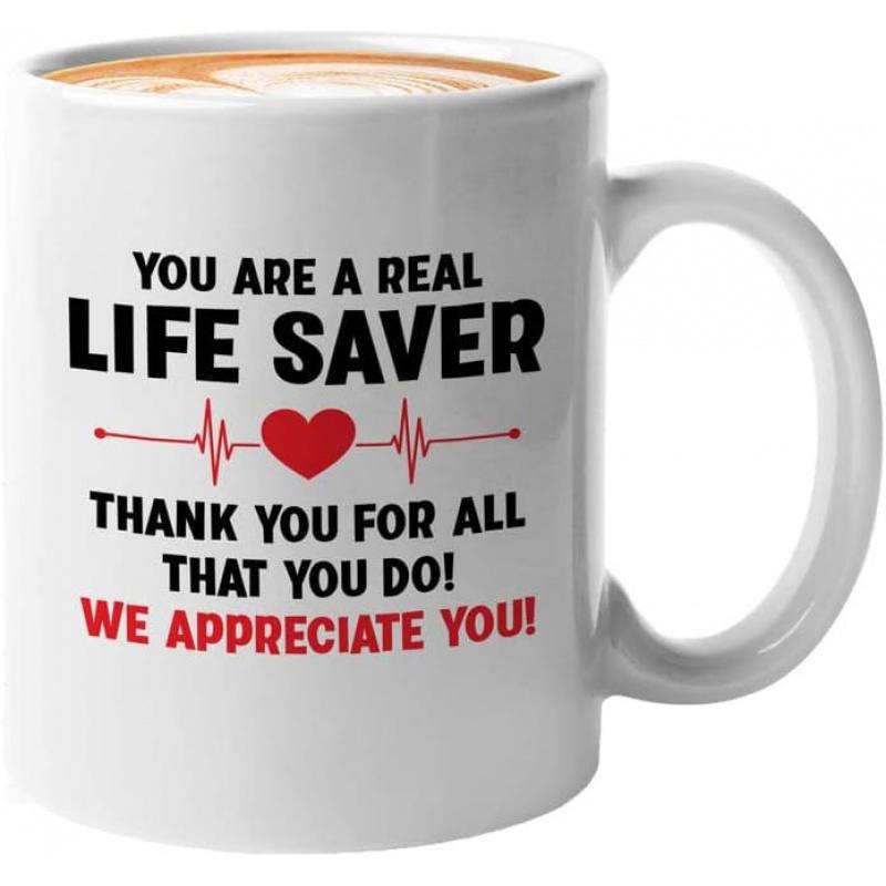 Tailorly White Ceramic 11 oz Mug - You Are A Real Life Saver Thank You For All That You Do We Appreciate You Heartbeat Pulse Line With Red Heart Centered On