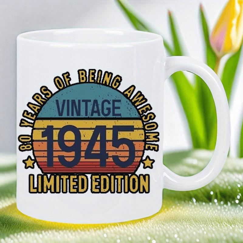 Tailorly White Ceramic 11 oz Mug - 80 Years Of Being Awesome Vintage 1945 Limited Edition Distressed Retro Circle With Vibrant Colorful Horizontal Stripes Sunburst