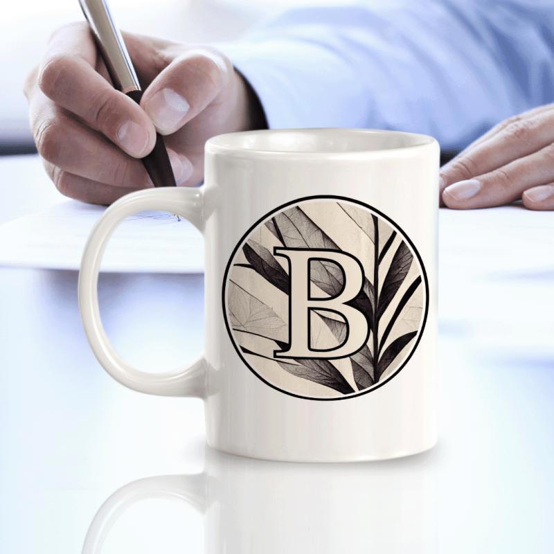 Tailorly White Ceramic 11 oz Mug - B Elegant Circular Frame Featuring Tropical Leaf Pattern In Muted Tones Monogram